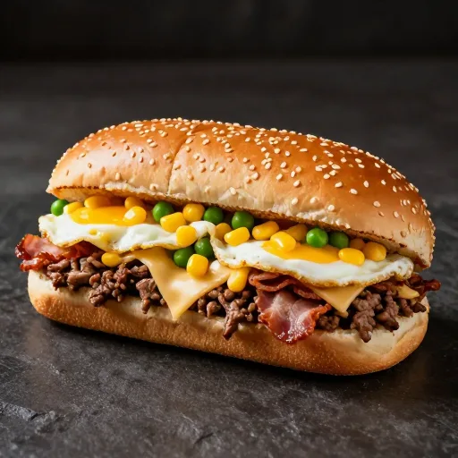 X-tudo gigante cortado ao meio mostrando recheio generoso com carne, ovo, milho e queijo