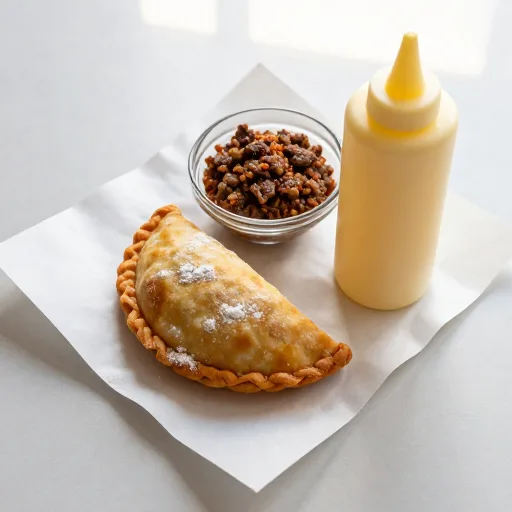 Pastel frito dourado com recheio de carne ao lado