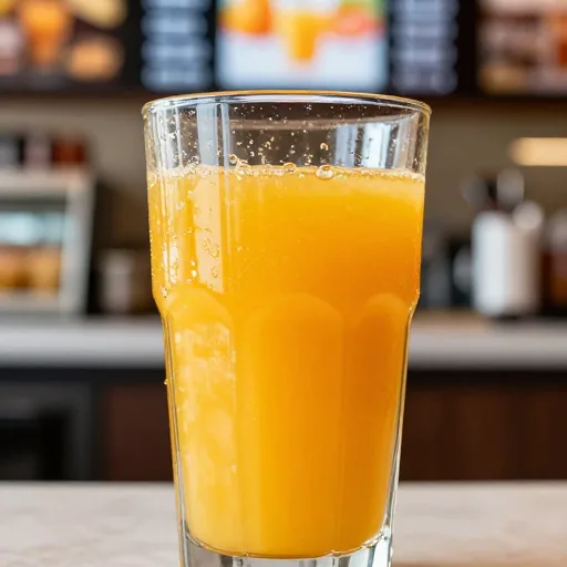 Suco natural de laranja fresco em copo de vidro com gotas de condensação